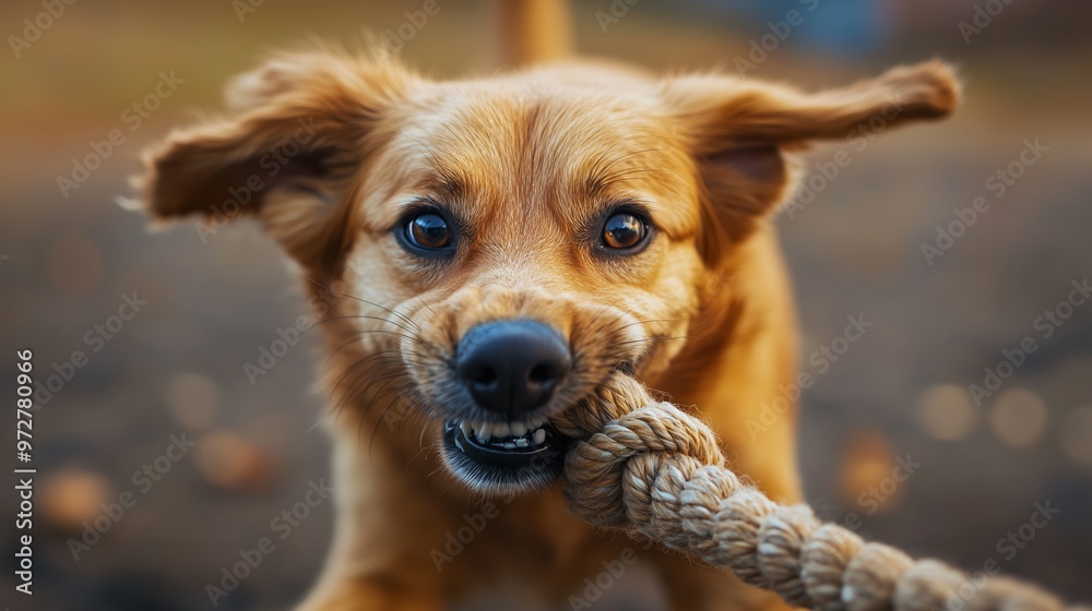 Obraz premium Playful golden retriever enjoying a game of tug-of-war with a rope outside during a sunny afternoon in a park