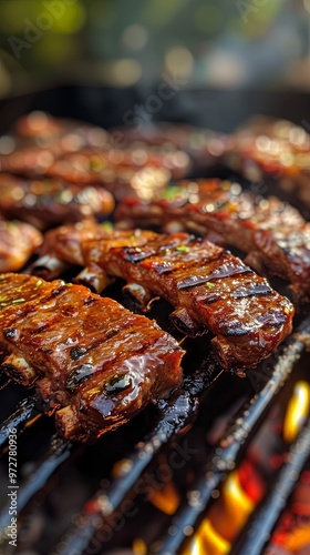 Ribs being barbecued on a grill, presenting a beautifully grilled surface with perfect sear marks, emphasizing the juicy, savory quality of the meat and the art of barbecuing. photo