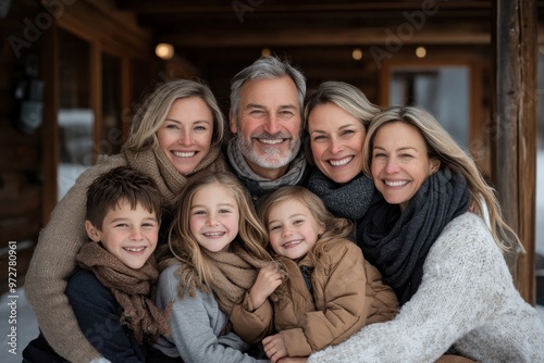 A family of six warmly embraces each other on a snowy porch, wearing winter attire, capturing the essence of love, closeness, and family unity.