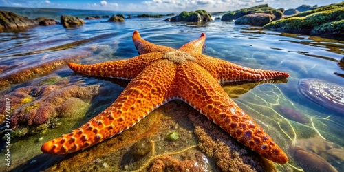 Vibrant orange giant Pacific starfish, Pisaster giganteus, sprawls across a rocky tide pool, its massive, wavy arms photo