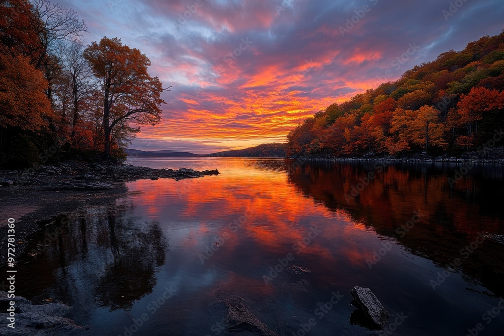 This image captures a radiant autumn shore bathed in the glow of the setting sun during evening hours, reflecting off the lake's surface in a mesmerizing display. This image captures a radiant autumn shore bathed in the glow of the setting sun during evening hours, reflecting off the lake's surface in a mesmerizing display.