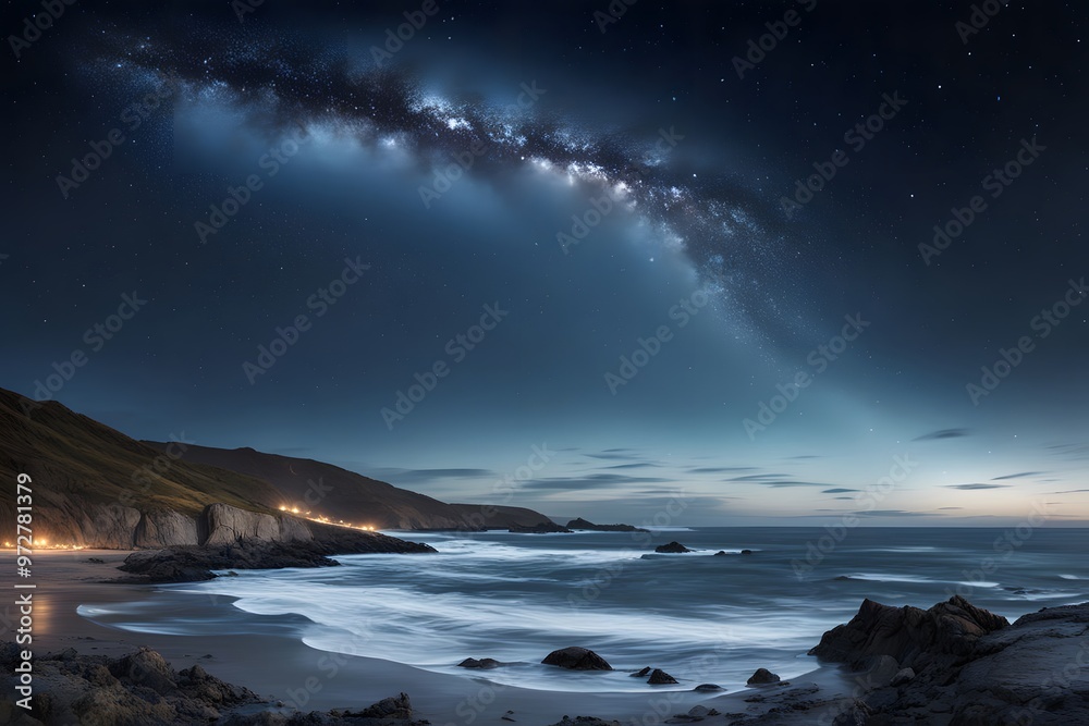 Naklejka premium A starry night with constellations clearly visible set over a tranquil coastal landscape with waves, Ai Generated