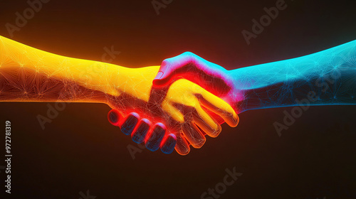 Low-Poly 3D Digital Handshake with Polygon Mesh and Network Connections on Deep Blue Background, Highlighted by Gradient Colors and Geometric Elements, Symbolizing Modern Business and Technology.