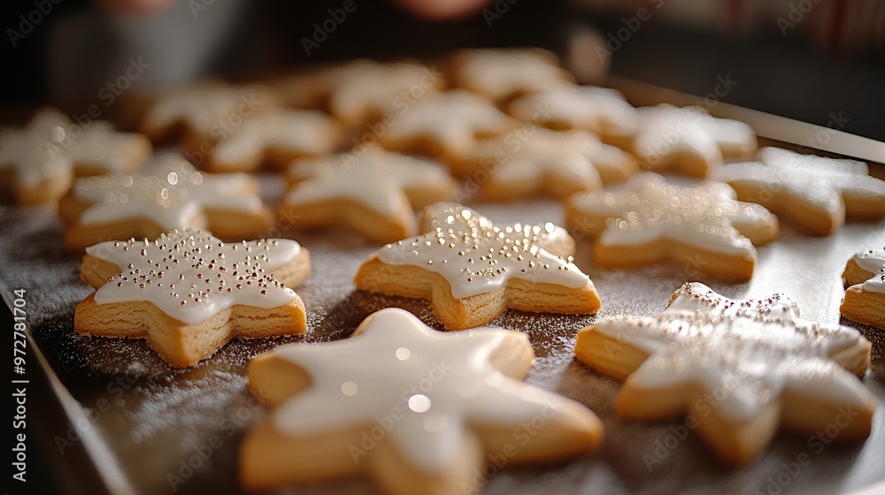 Baking homemade Christmas cookies shaped like trees, stars, and snowflakes, with icing and sprinkles ready for decorating. 4K hyperrealistic photo.