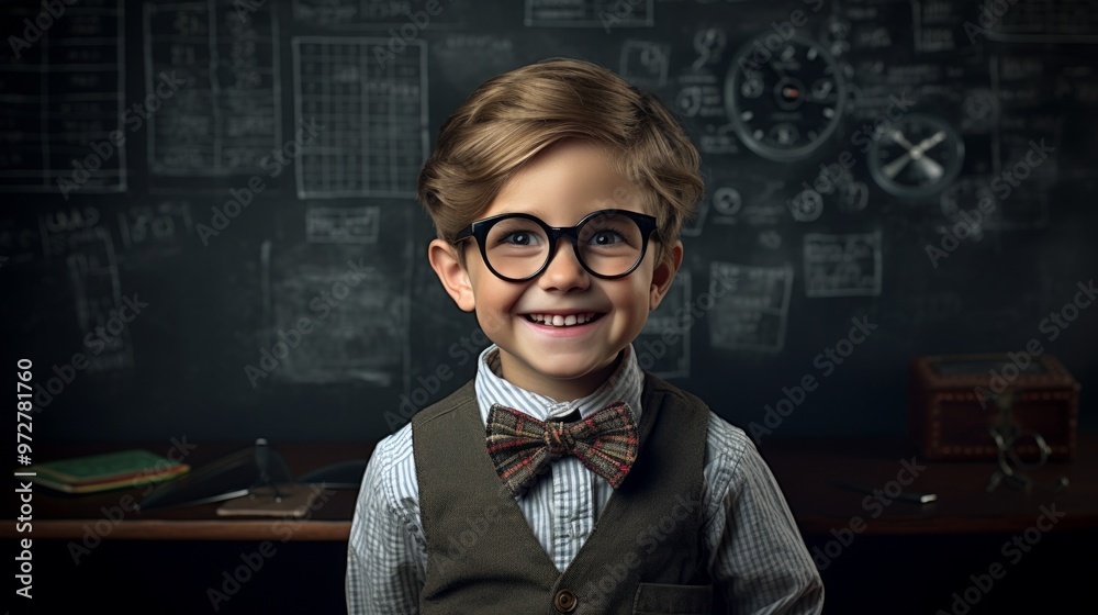 Teen Boy in glasses, blackboard background in school room. Neural network ai generated art Teen Boy in glasses, blackboard background in school room. Neural network ai generated art