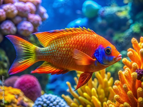 Vibrant orange loro fish with iridescent scales and flowing fins swims amidst coral reef, showcasing its striking