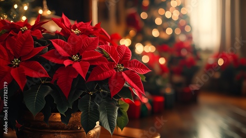 Arranging poinsettias and holiday plants around the house, with festive decorations and a warm, inviting atmosphere. 4K hyperrealistic photo. photo