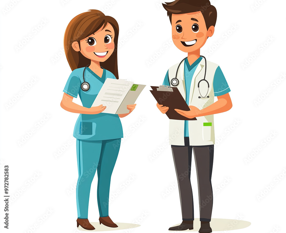 Male Doctor with Stethoscope and Female Nurse in Scrubs Standing Together Holding Medical Records in Flat Cartoon Style on White Background, Depicting Healthcare Professionals in a Clinical Setting. Male Doctor with Stethoscope and Female Nurse in Scrubs Standing Together Holding Medical Records in Flat Cartoon Style on White Background, Depicting Healthcare Professionals in a Clinical Setting.