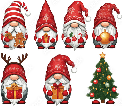 A delightful lineup of six festive Christmas gnomes, each wearing unique red and white hats and holding holiday-themed items 