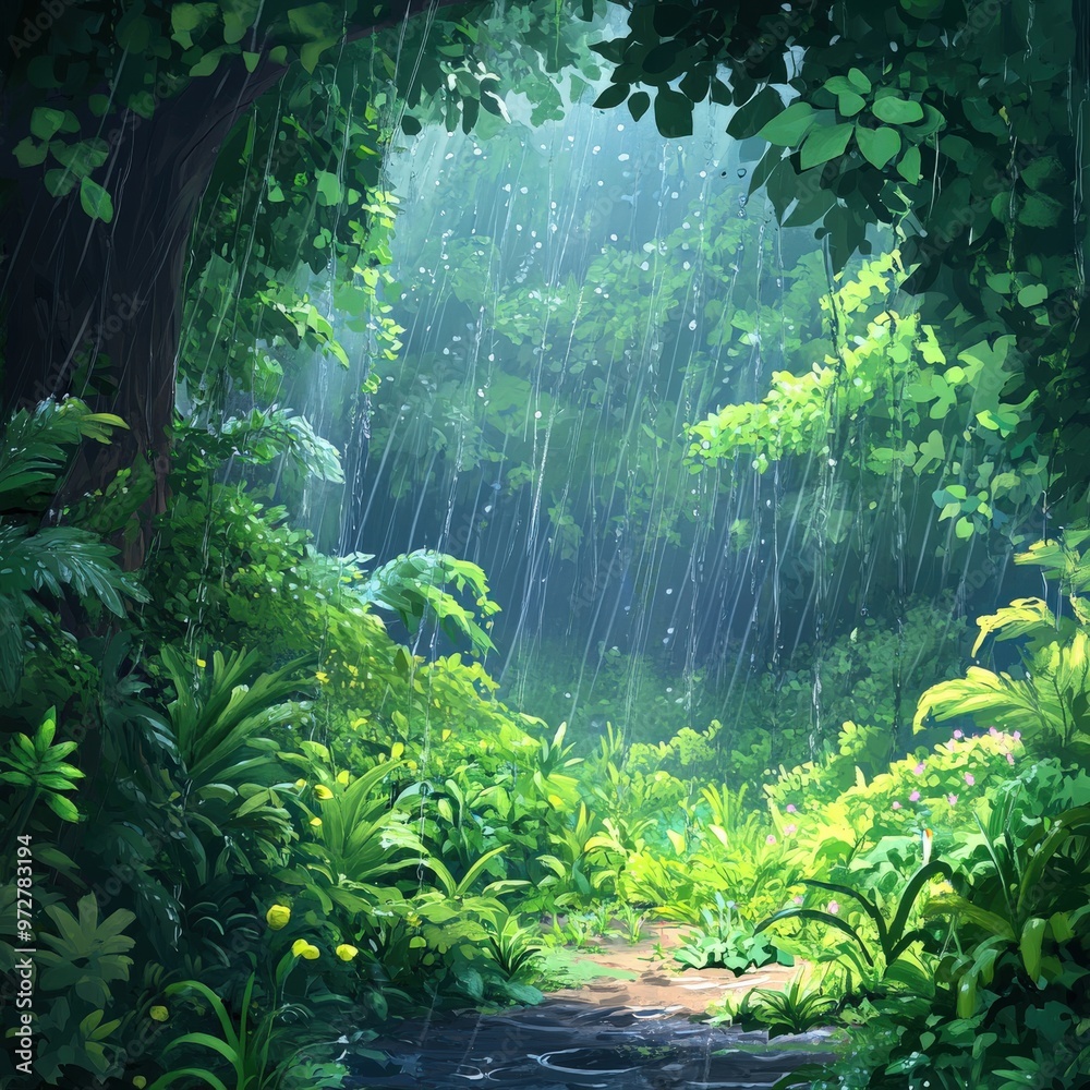 Serene Cartoon Forest Scene with Gentle Rainfall and Lush Greenery Serene Cartoon Forest Scene with Gentle Rainfall and Lush Greenery