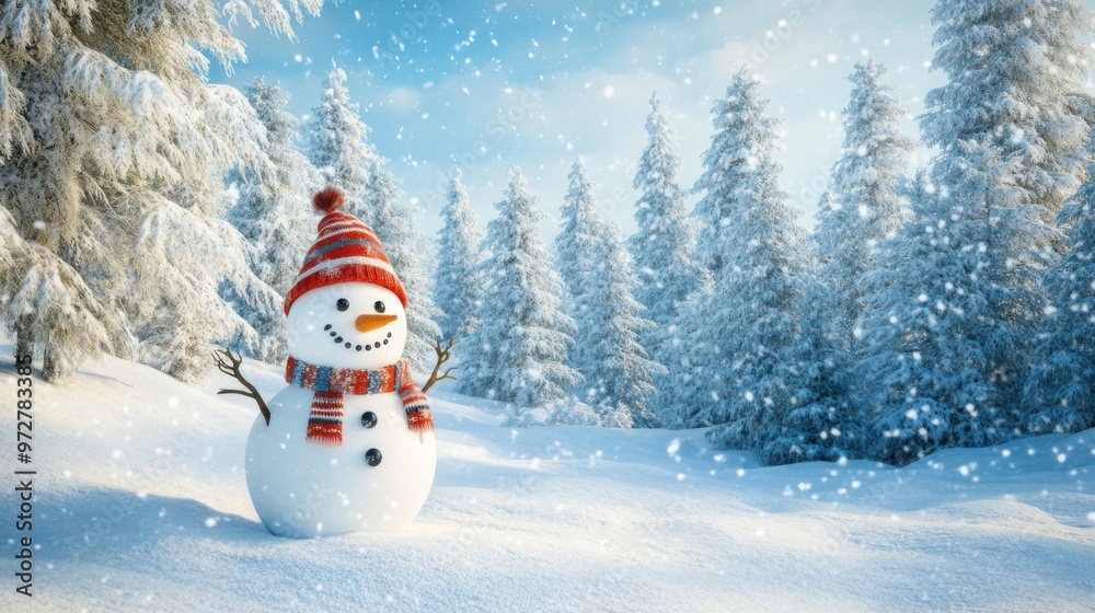 Beautiful winter landscape with a cheerful snowman adorned with a scarf and hat, Beautiful winter landscape with a cheerful snowman adorned with a scarf and hat,