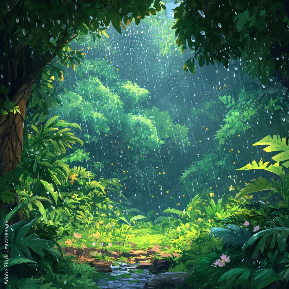 Serene Cartoon Forest Scene with Gentle Rainfall and Lush Greenery Serene Cartoon Forest Scene with Gentle Rainfall and Lush Greenery