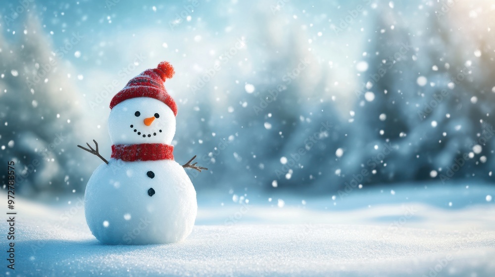 Beautiful winter scene with a snowman and softly falling snow, surrounded by a snowy Beautiful winter scene with a snowman and softly falling snow, surrounded by a snowy