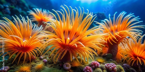 Vibrant orange spoots sprout from the ocean floor, their feathery appendages swaying gently in the current, amidst a photo