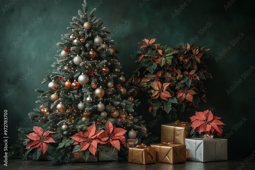 A Christmas tree decorated with metallic gold and silver ornaments, poinsettias flowersat, presents under the tree, dark green background A Christmas tree decorated with metallic gold and silver ornaments, poinsettias flowersat, presents under the tree, dark green background
