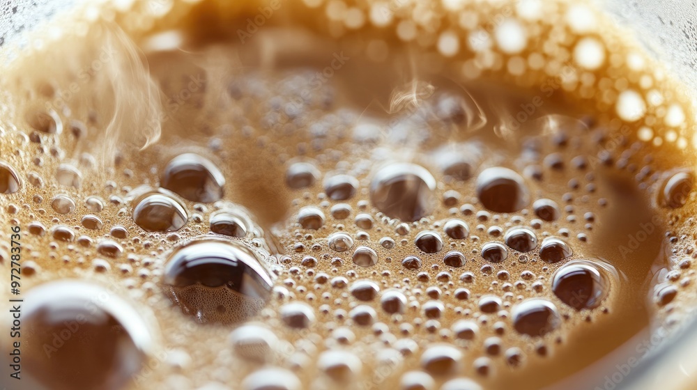 A close-up of coffee bubbles forming on the surface of freshly brewed coffee in a clear glass cup A close-up of coffee bubbles forming on the surface of freshly brewed coffee in a clear glass cup