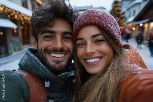 Amid a festive village backdrop, a smiling couple captures their happiness in the snowfall, set against beautiful Christmas decorations, warmth, and winter joy. photo