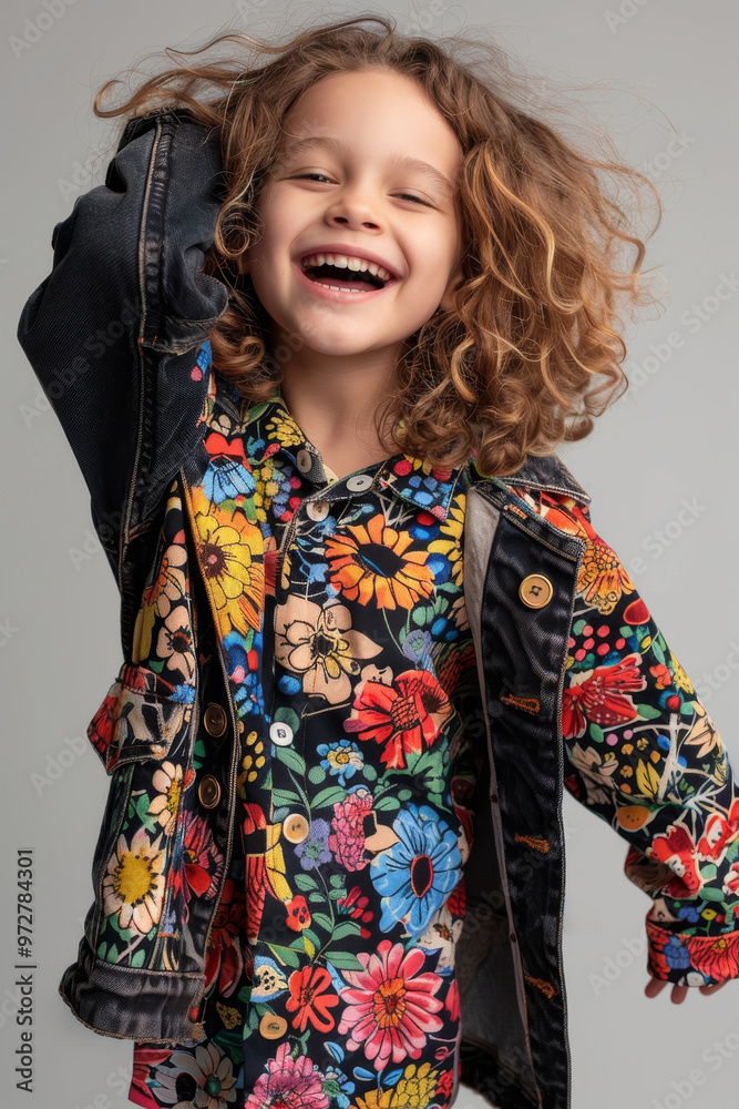 Stylish young model laughing, showcasing the latest kids' fashion Stylish young model laughing, showcasing the latest kids' fashion