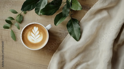 Wallpaper Mural A cup of coffee with latte art on a wooden table, with a sprig of green leaves and a natural linen napkin Torontodigital.ca