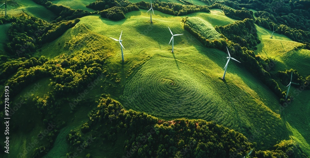 windmills in a green field, aerial view. copy space. green ecology landscape background