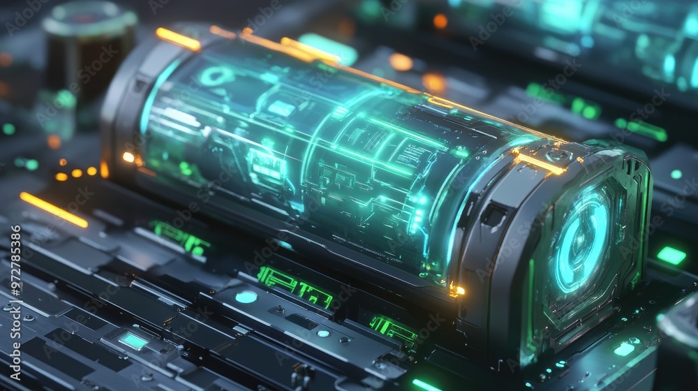 A futuristic battery concept art with glowing blue and green elements, suggesting advanced technology A futuristic battery concept art with glowing blue and green elements, suggesting advanced technology
