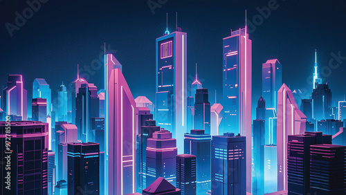 A vibrant futuristic cityscape illuminated by neon lights, showcasing towering skyscrapers and modern architecture