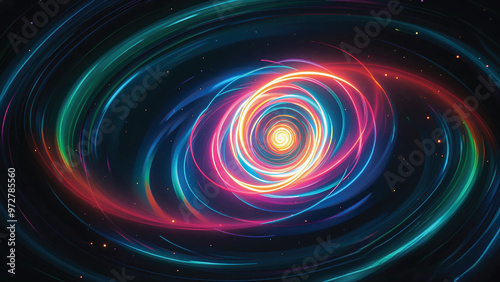 A glowing 3D spiral of light particles, floating in space, surrounded by a haze of neon colors