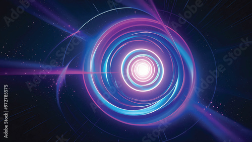 A glowing 3D spiral of light particles, floating in space, surrounded by a haze of neon colors
