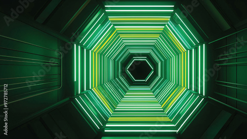 A glowing 3D tunnel made of hexagonal shapes, with neon lights in shades of green and yellow