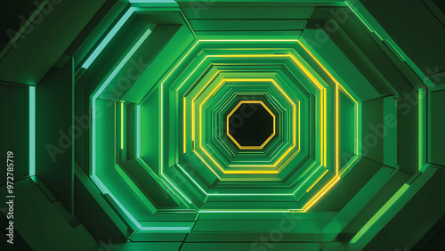 A glowing 3D tunnel made of hexagonal shapes, with neon lights in shades of green and yellow