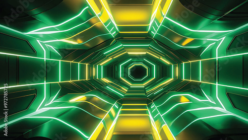 A glowing 3D tunnel made of hexagonal shapes, with neon lights in shades of green and yellow