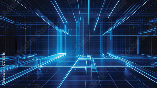 A glowing 3D digital grid, stretching into the distance with electric-blue lines and floating neon