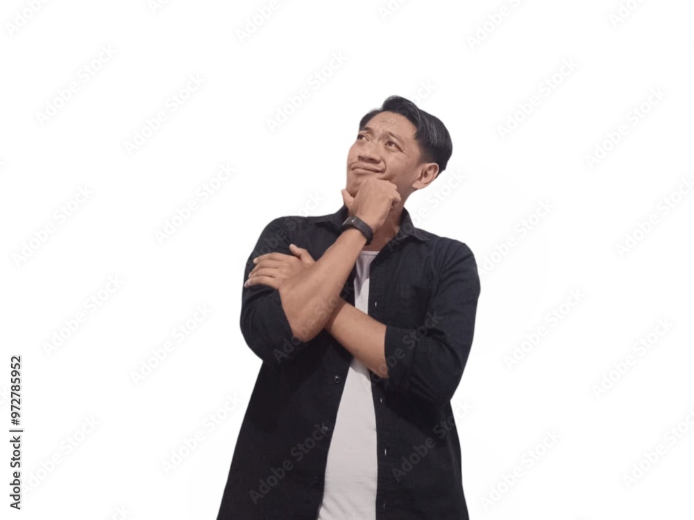 Portrait of an Indonesian Asian man, wearing a black shirt, posing in thought or confusion, isolated against a white background. Portrait of an Indonesian Asian man, wearing a black shirt, posing in thought or confusion, isolated against a white background.