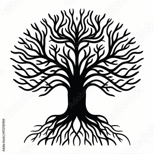 black-and-white vector illustration of a majestic tree with sprawling roots