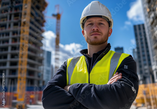 A portrait featuring a young man in a helmet working at a construction site in a new housing estate.