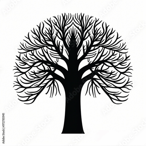 black-and-white vector illustration of a majestic tree with sprawling roots