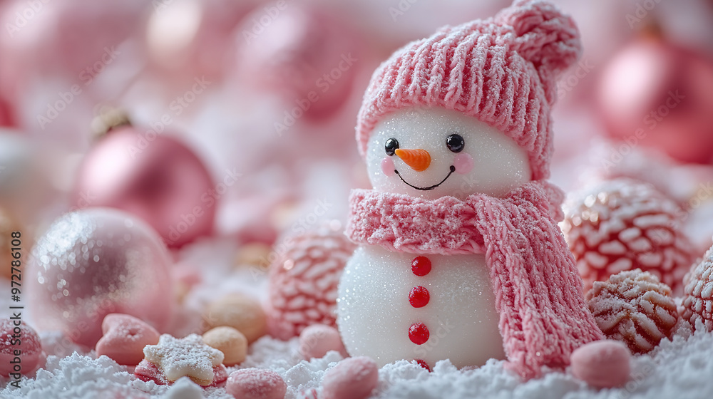 Obraz premium Cute happy decorative snowman among Christmas sweets.