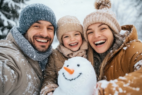 A family trio, dressed warmly, shares a moment of happiness and laughter while building a snowman, showcasing the spirit of familial love and winter joy together. photo