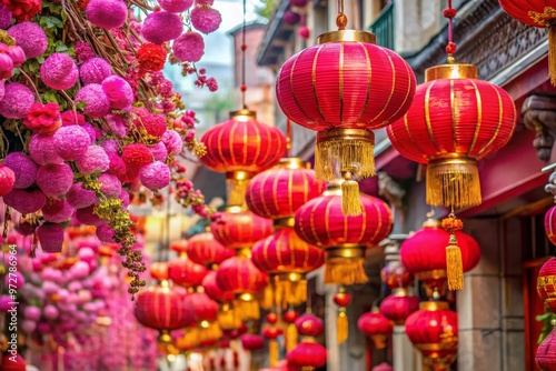 Vibrant pink and red decorations adorn a festive lantern-covered street in celebration of the traditional Chinese New photo