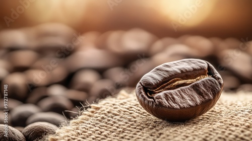 A single-origin coffee bean placed on a burlap sack, with a blurred background of other coffee beans photo