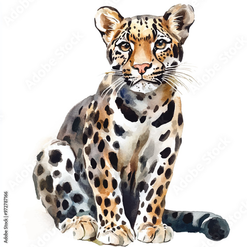 cute Clouded Leopard watercolor clipart illustration isolated