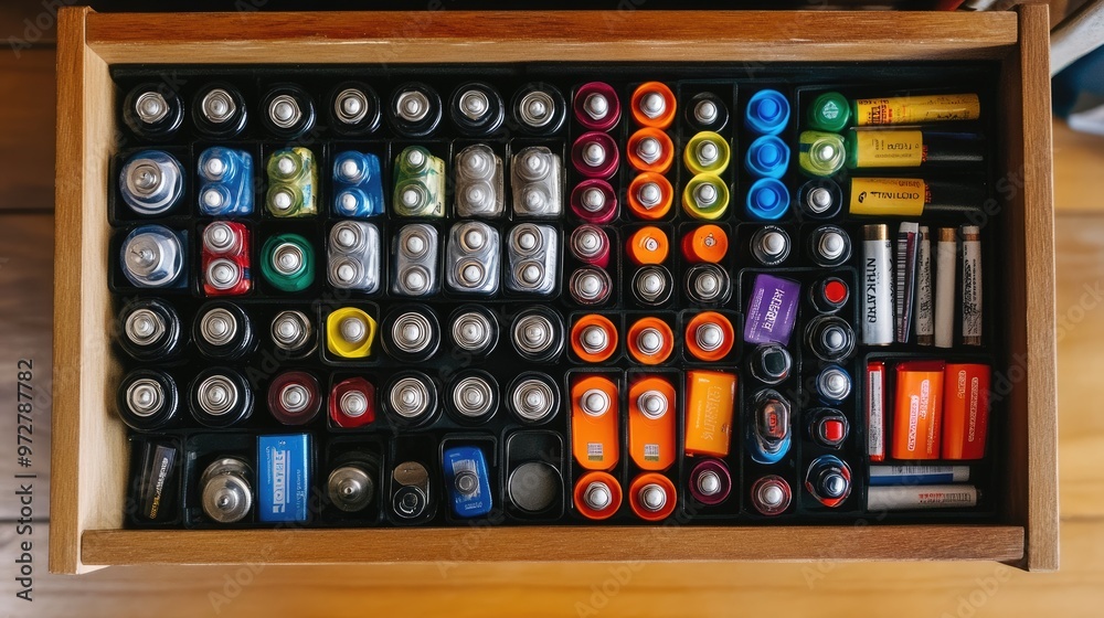 A top-down view of batteries stored neatly in a drawer organizer, creating a sense of order and readiness A top-down view of batteries stored neatly in a drawer organizer, creating a sense of order and readiness