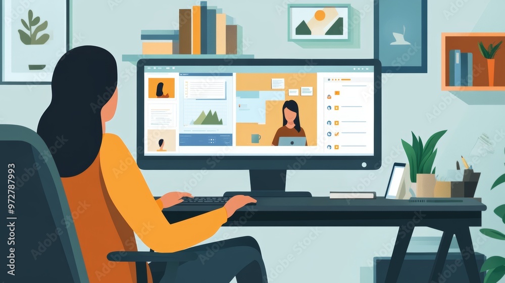 Woman Working From Home on Computer Video Call Remote Work Online Meeting Home Office Desk Woman Working From Home on Computer Video Call Remote Work Online Meeting Home Office Desk