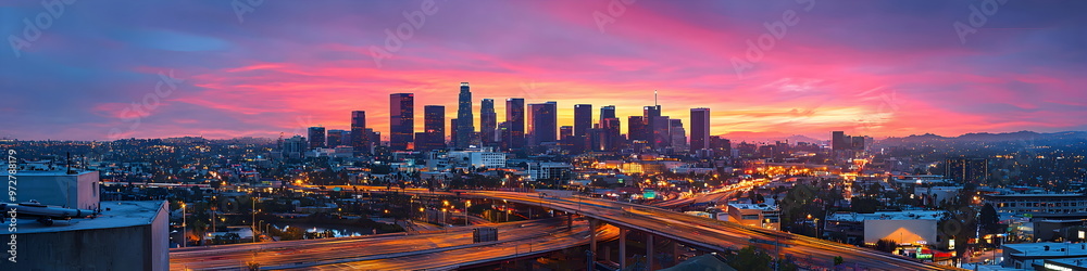 Modern cityscape of Los Angeles City with skyscrapers and highways, Los Angeles river in the background at dusk, illuminated by street lights. A Vincent Thomas bridge connecting two parts of downtown