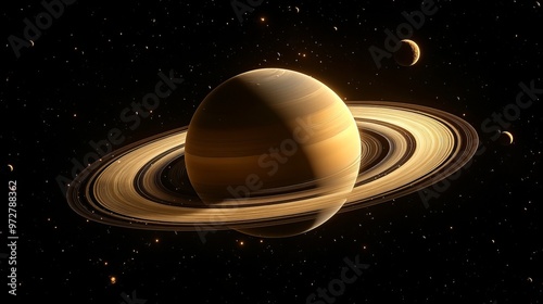 saturn planets in deep space with rings and moons surrounded. isolated on black background