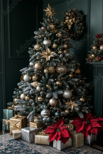 A Christmas tree decorated with metallic gold and silver ornaments, poinsettias flowersat, presents under the tree, dark green background photo