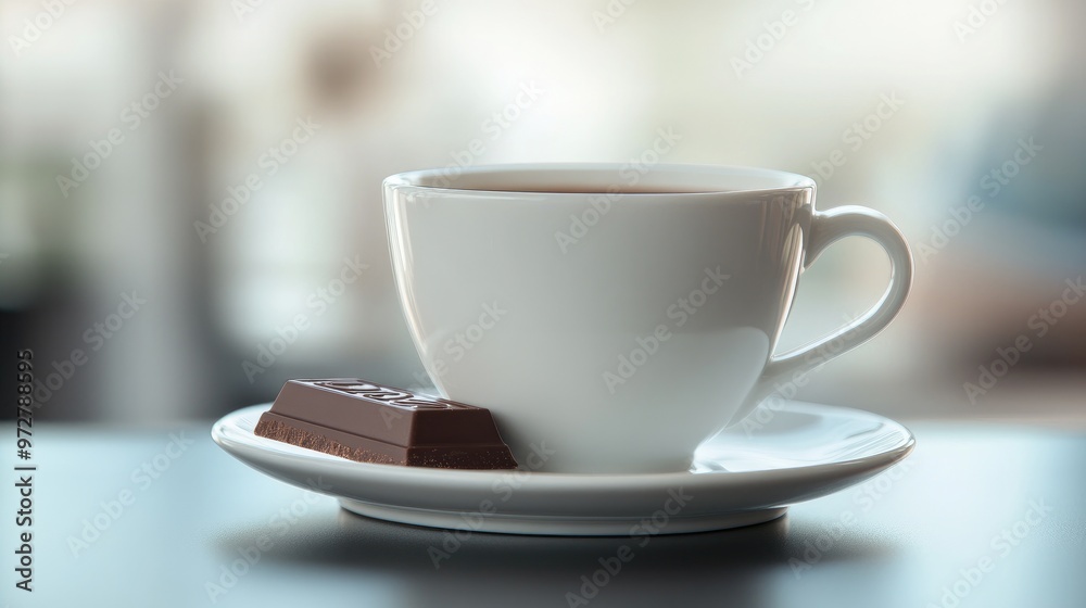 A white porcelain coffee cup with saucer, accompanied by a small chocolate square and a blurred background A white porcelain coffee cup with saucer, accompanied by a small chocolate square and a blurred background