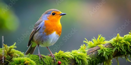 Vibrant plumage of a majestic robin perched on a moss-covered branch amidst verdant foliage, capturing the essence of