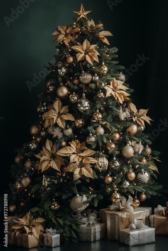 A Christmas tree decorated with metallic gold and silver ornaments, poinsettias flowersat, presents under the tree, dark green background photo