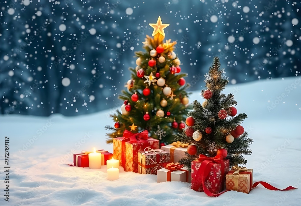 An image featuring a beautifully decorated Christmas tree with gifts in a snowy, festive background. An image featuring a beautifully decorated Christmas tree with gifts in a snowy, festive background.